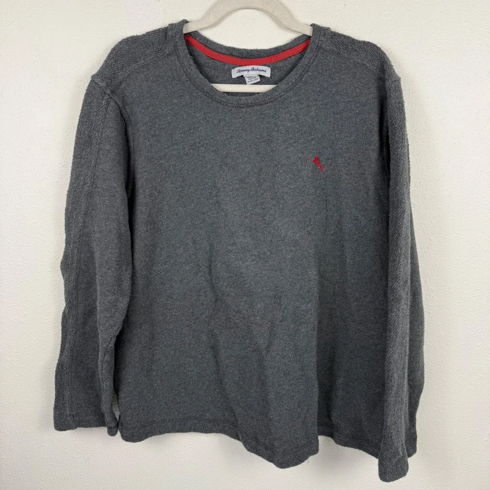 Tommy Bahama Mens XL Gray Textured Knit Long Sleeve Crewneck Sweater Marlin Logo